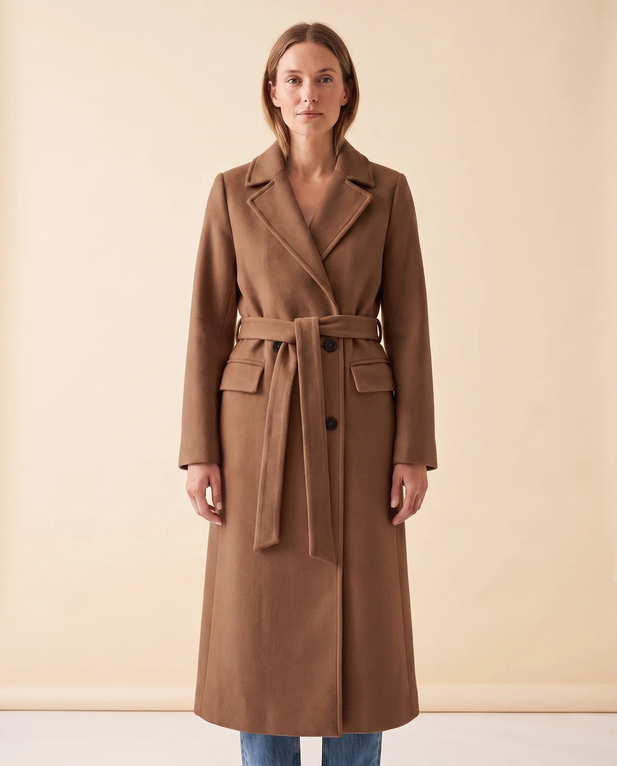 Quinn Long Coat for Women - Belted Double-Breasted Lapel - Brown - front