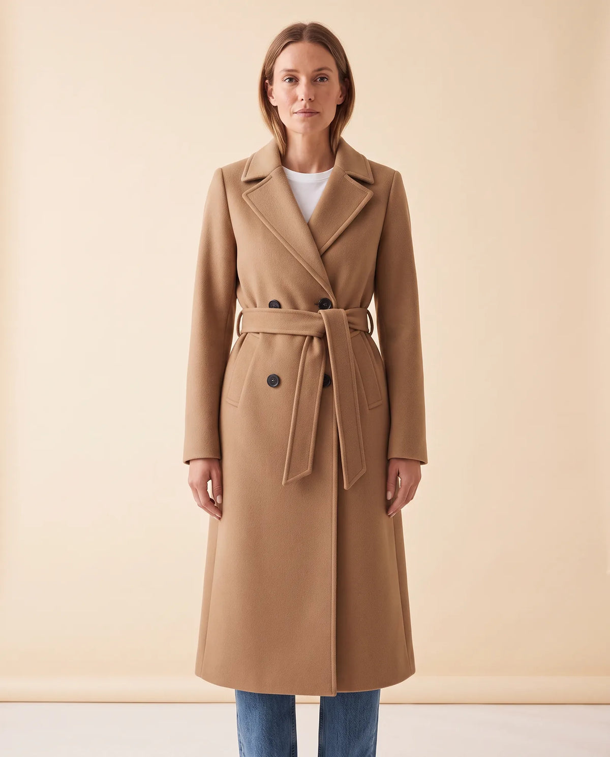 Quinn Long Coat for Women - Belted Double-Breasted Lapel - Camel - front
