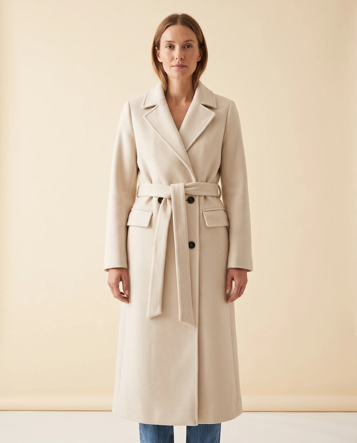 Quinn Long Coat for Women - Belted Double-Breasted Lapel - Cream - front