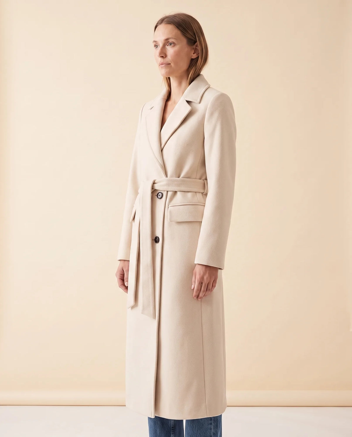 Quinn Long Coat for Women - Belted Double-Breasted Lapel - Cream - side