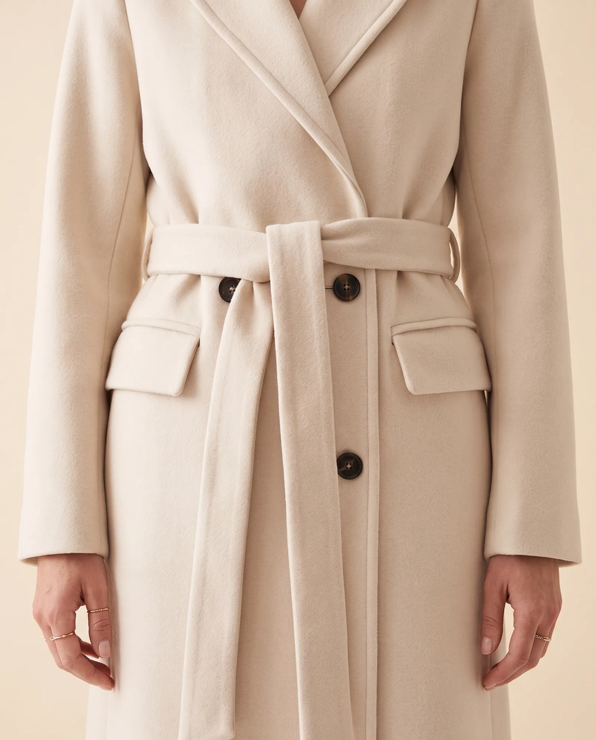 Quinn Long Coat for Women - Belted Double-Breasted Lapel - Cream - detail