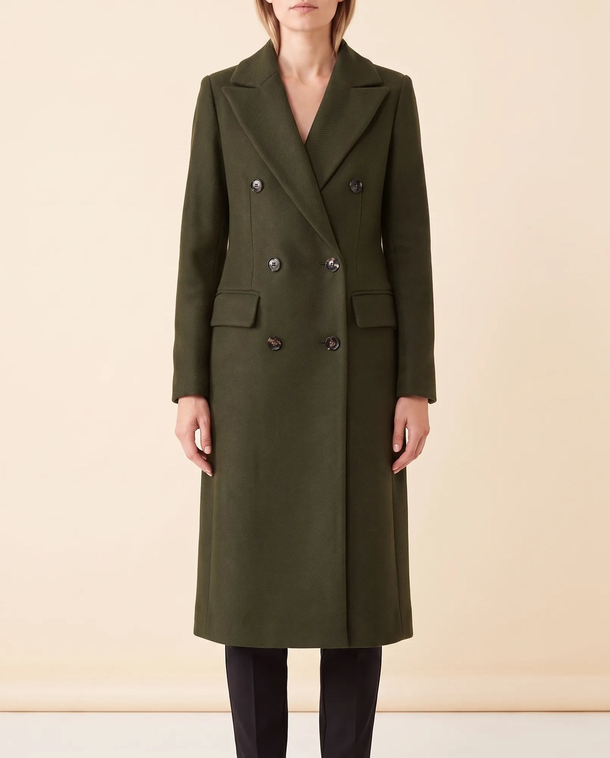 Rhea Long Coat for Women - Tailored Double-Breasted Longline - Army Green - front
