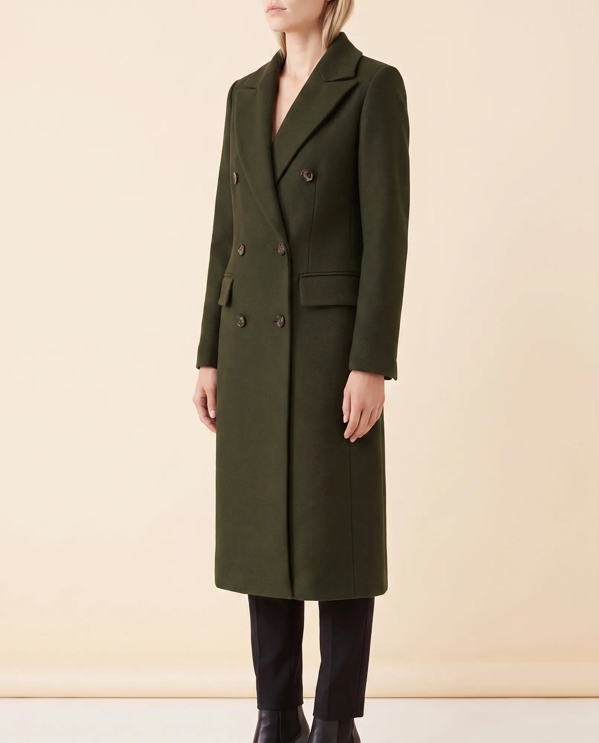 Rhea Long Coat for Women - Tailored Double-Breasted Longline - Army Green - side