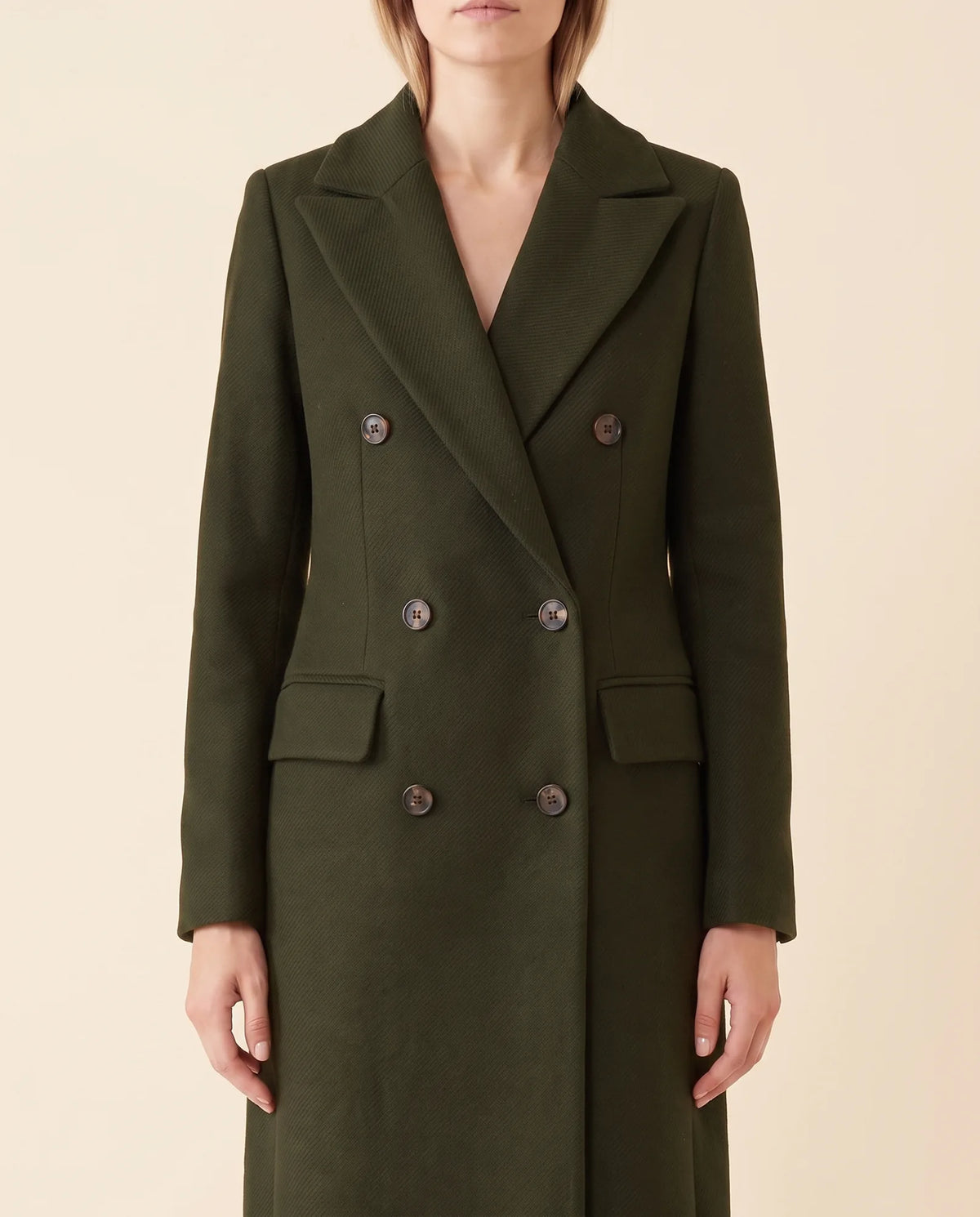 Rhea Long Coat for Women - Tailored Double-Breasted Longline - Army Green - detail