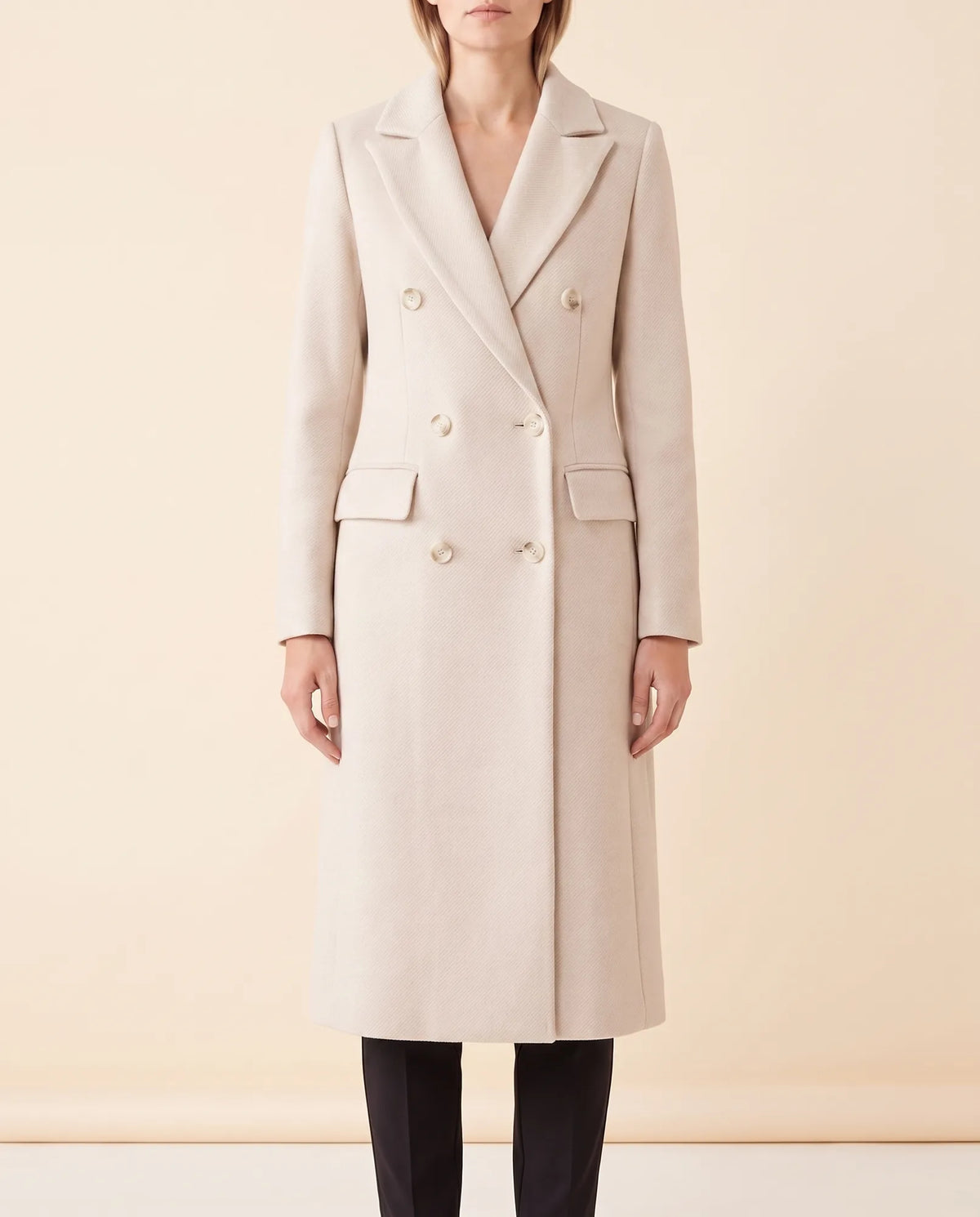 Rhea Long Coat for Women - Tailored Double-Breasted Longline - Beige - front