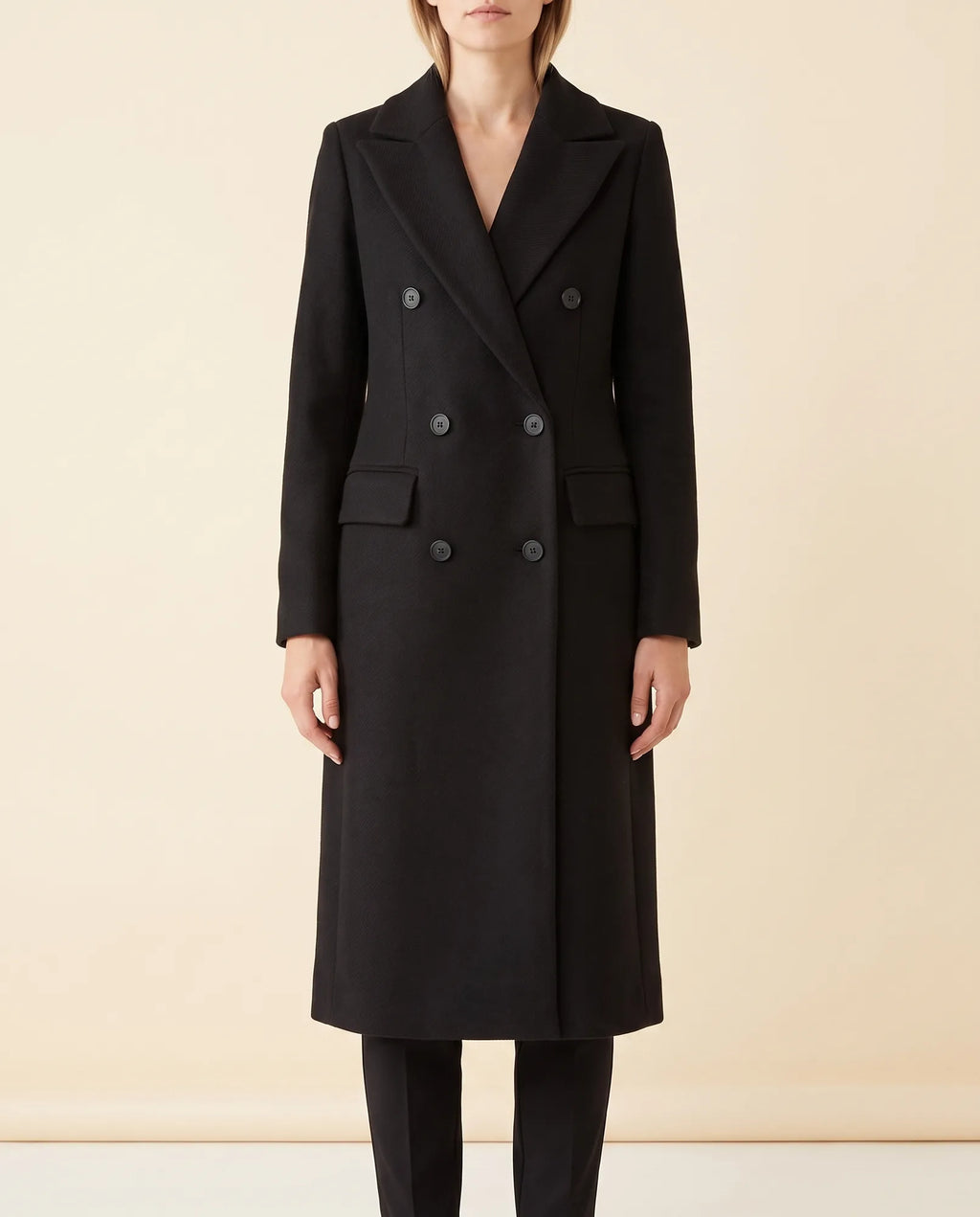 Rhea Long Coat for Women - Tailored Double-Breasted Longline - Black - front