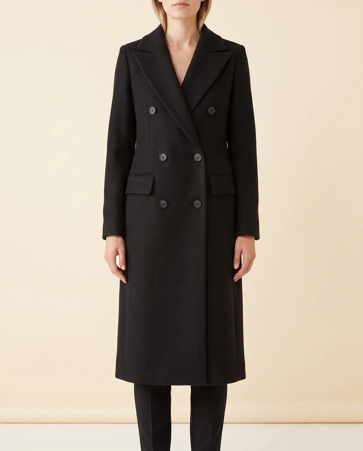 Rhea Long Coat for Women - Tailored Double-Breasted Longline - Black - front