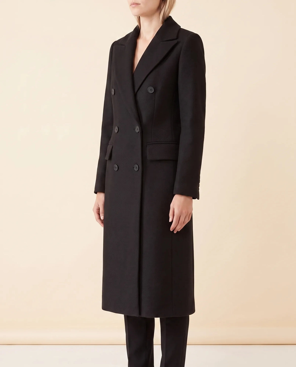 Rhea Long Coat for Women - Tailored Double-Breasted Longline - Black - side