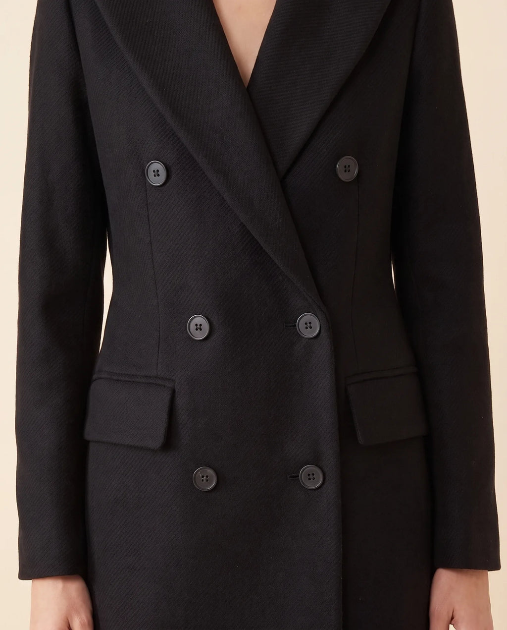 Rhea Long Coat for Women - Tailored Double-Breasted Longline - Black - detail