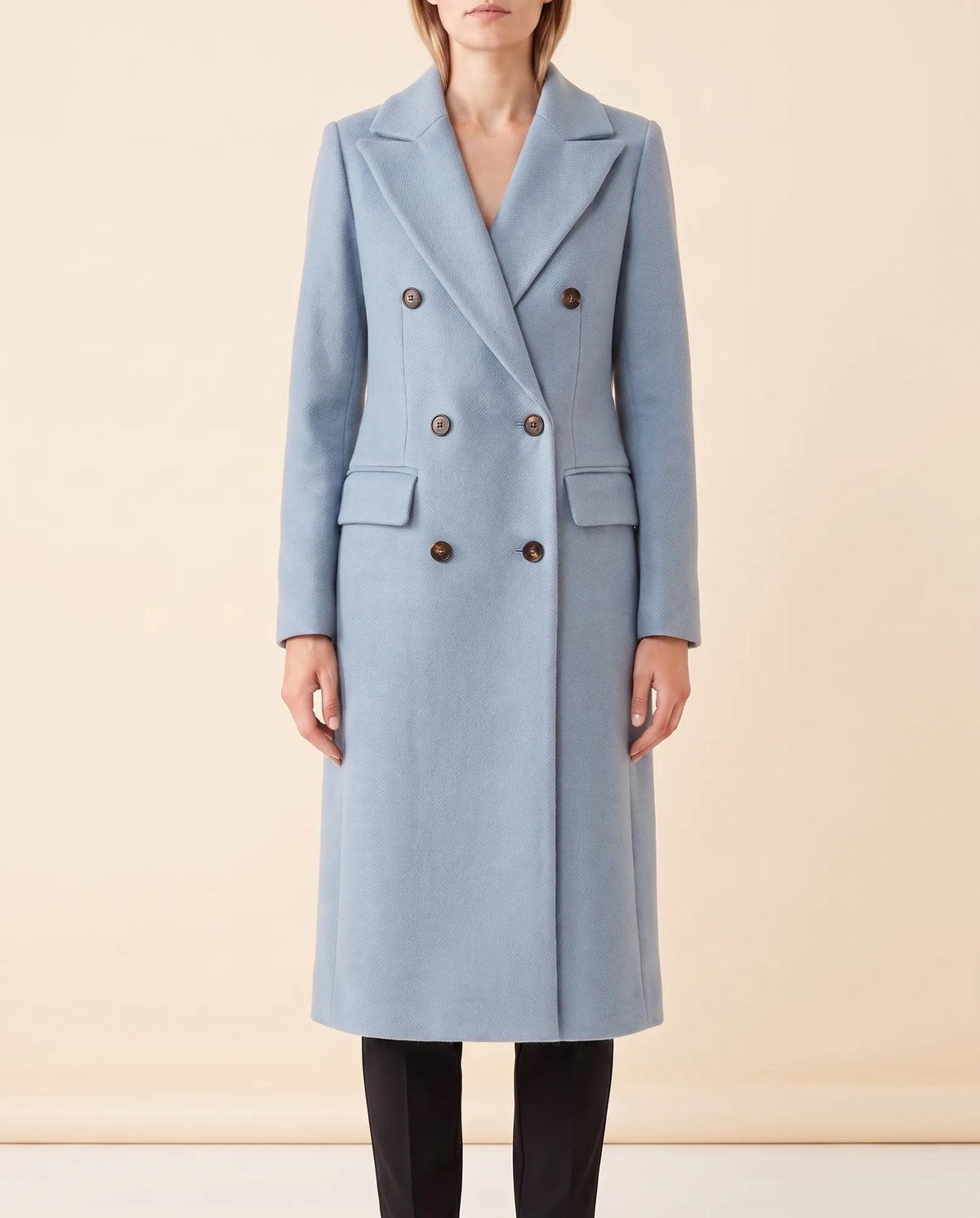 Rhea Long Coat for Women - Tailored Double-Breasted Longline - Blue - front