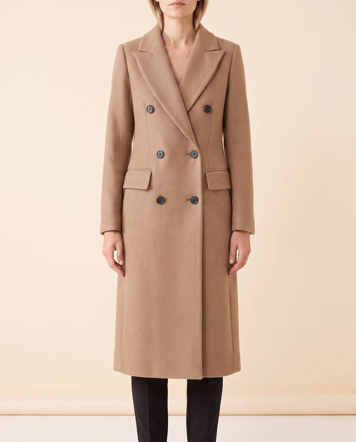 Rhea Long Coat for Women - Tailored Double-Breasted Longline - Khaki - front