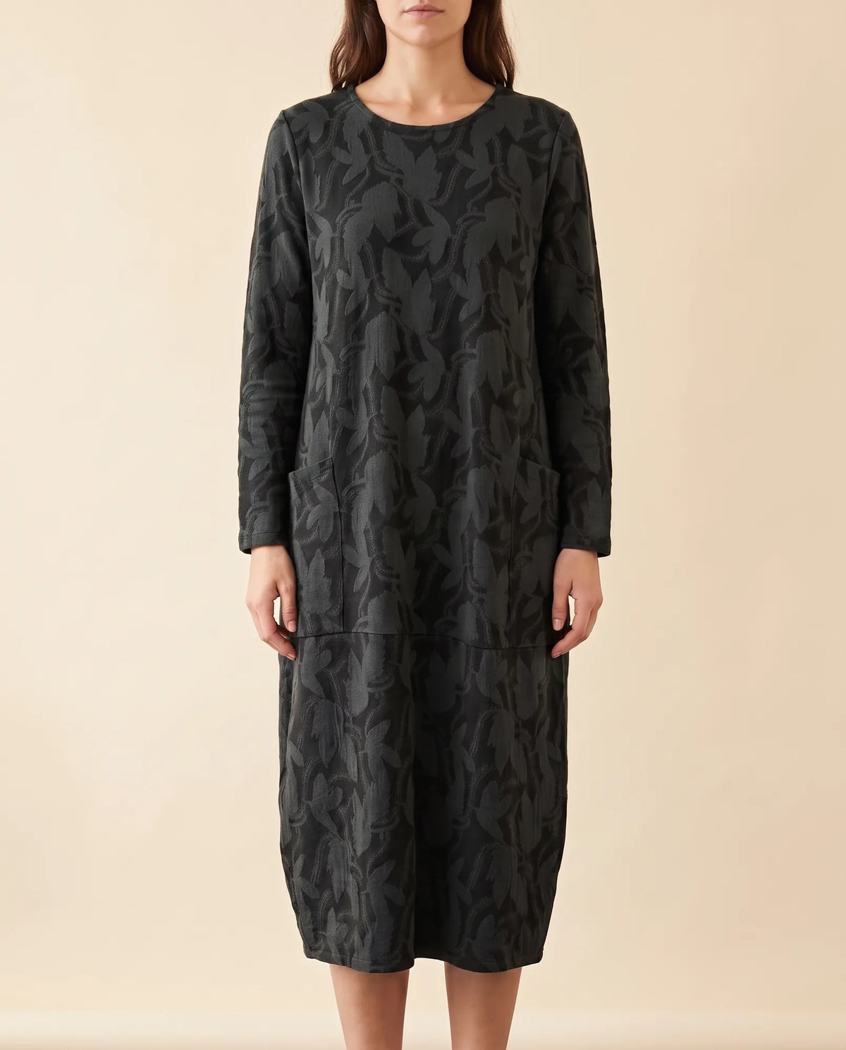 Sloane Midi Dress for Women - Long Sleeve Printed with Pockets - Black - front