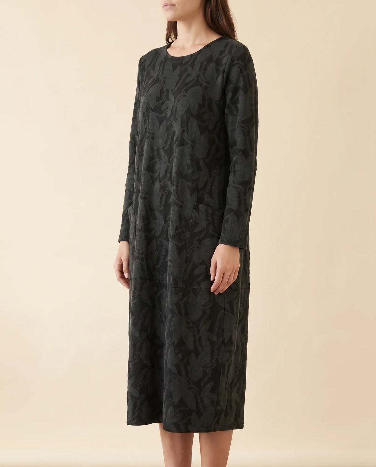 Sloane Midi Dress for Women - Long Sleeve Printed with Pockets - Black - side