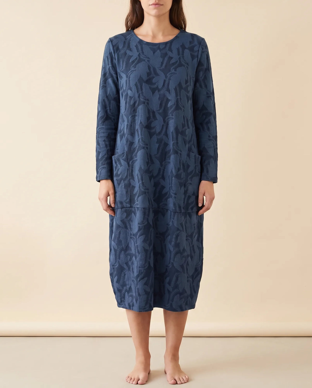 Sloane Midi Dress for Women - Long Sleeve Printed with Pockets - Blue - front