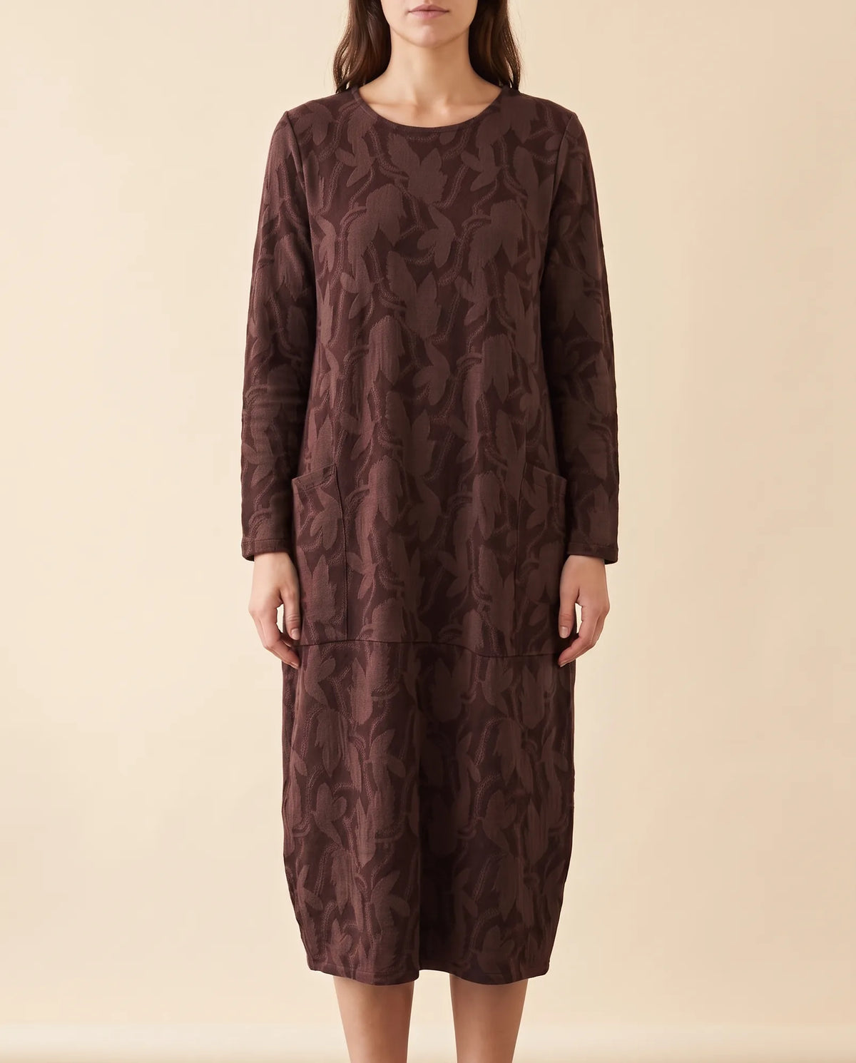 Sloane Midi Dress for Women - Long Sleeve Printed with Pockets - Burgundy - front