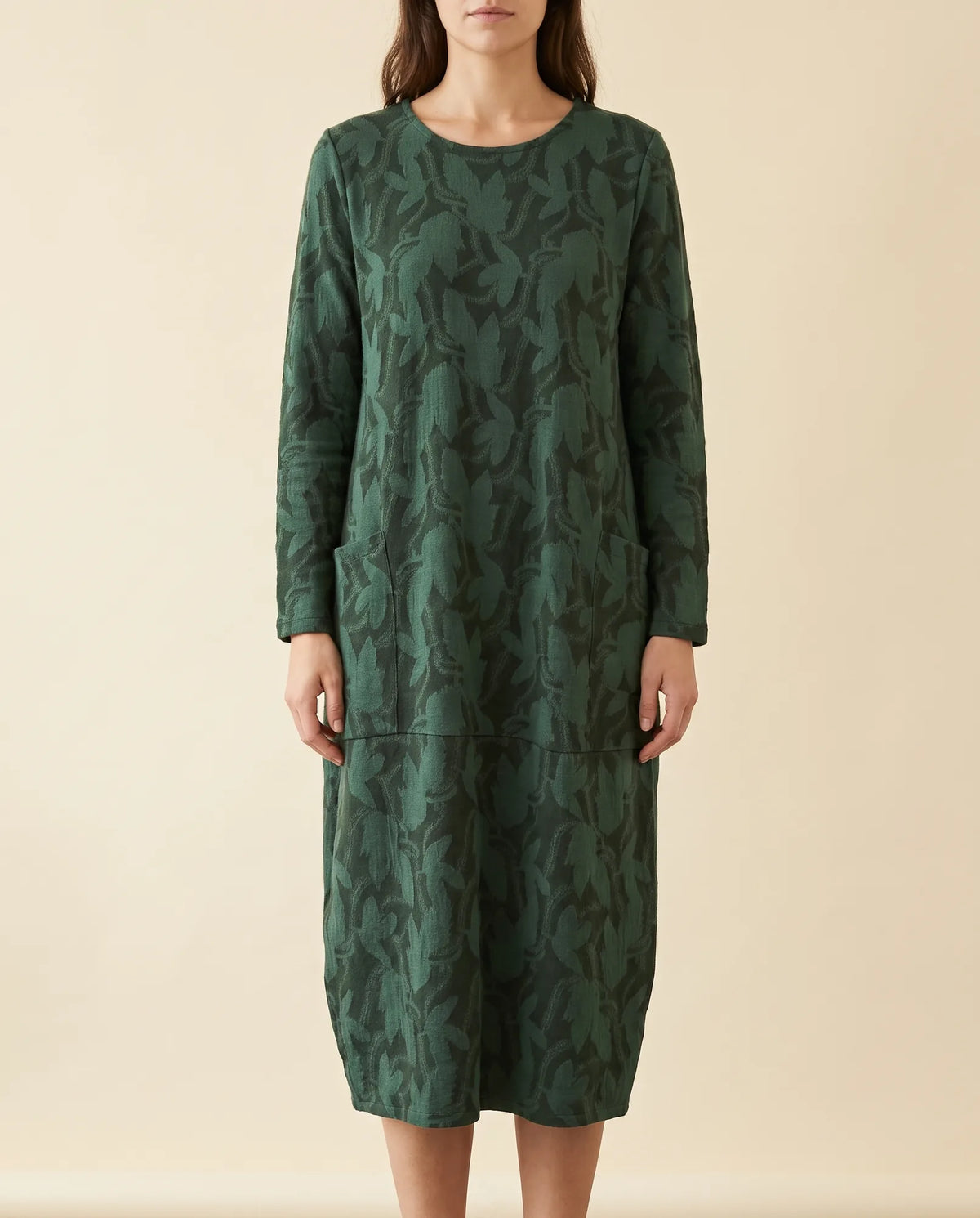 Sloane Midi Dress for Women - Long Sleeve Printed with Pockets - Green - front