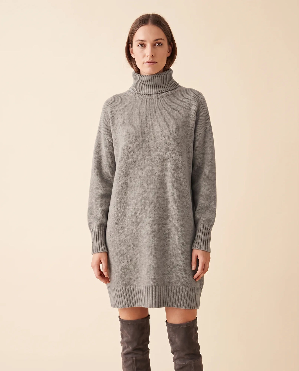 Tess Sweater Dress for Women - Turtleneck Long Sleeve Relaxed - Grey - front