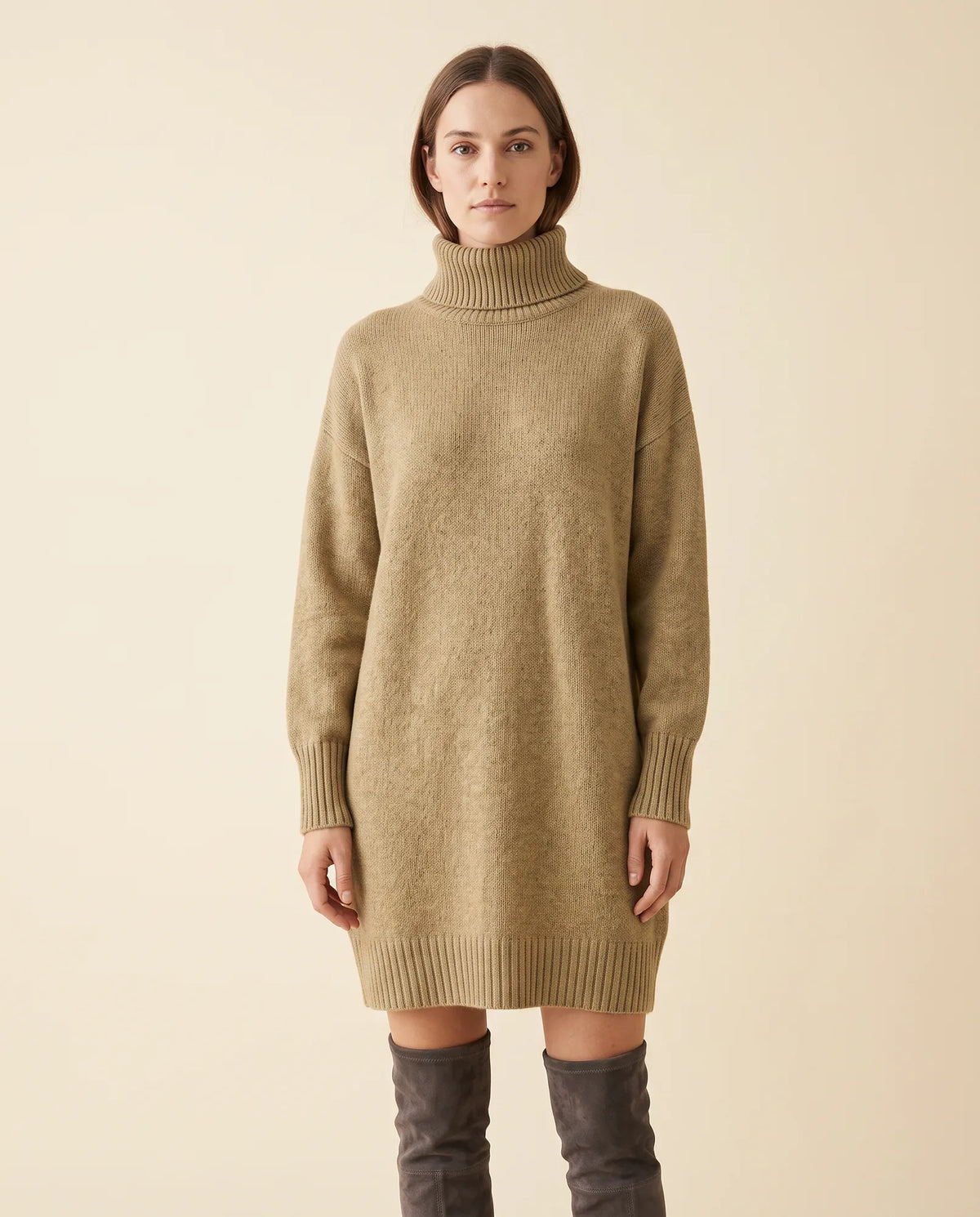 Tess Sweater Dress for Women - Turtleneck Long Sleeve Relaxed - Khaki - front