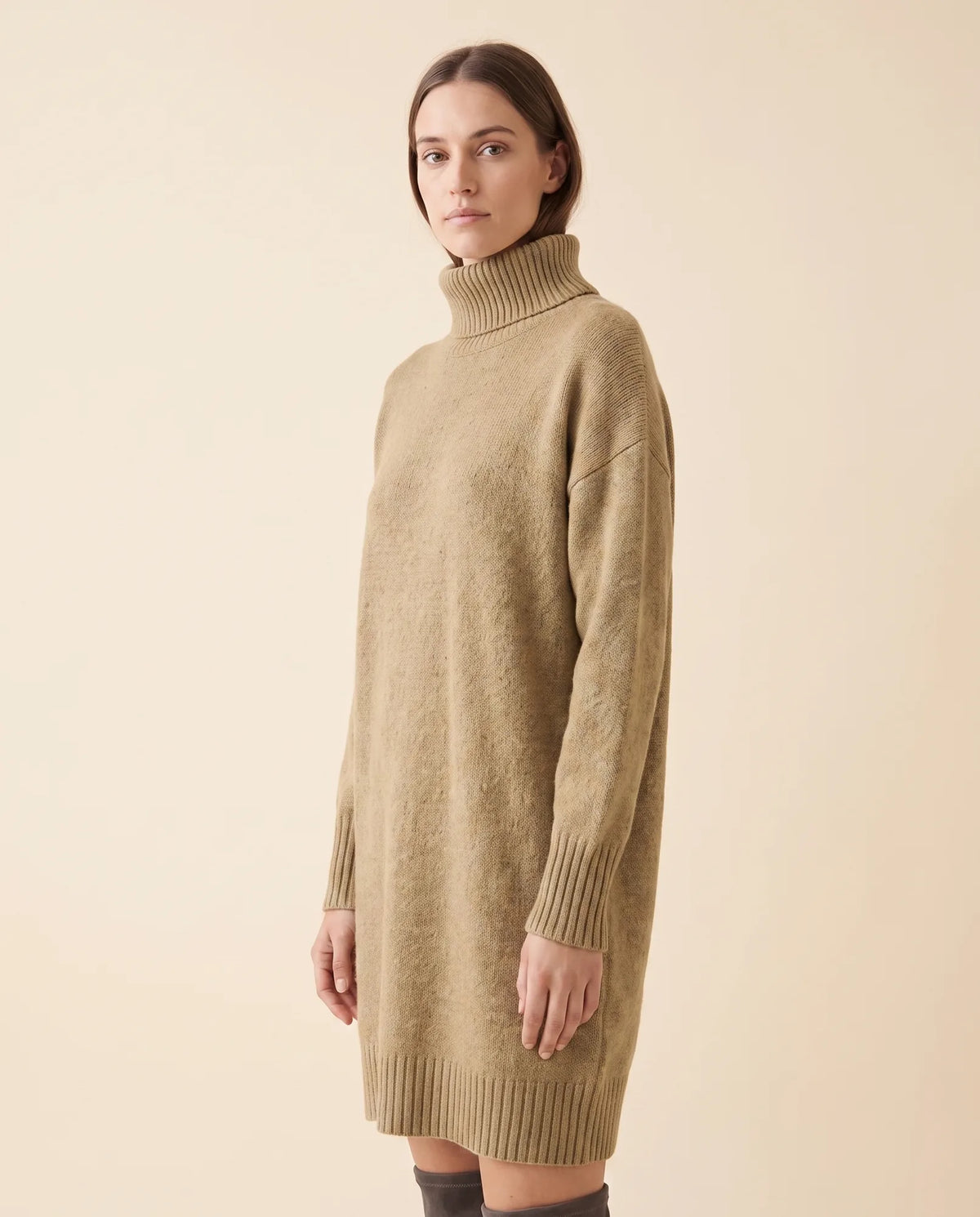 Tess Sweater Dress for Women - Turtleneck Long Sleeve Relaxed - Khaki - side