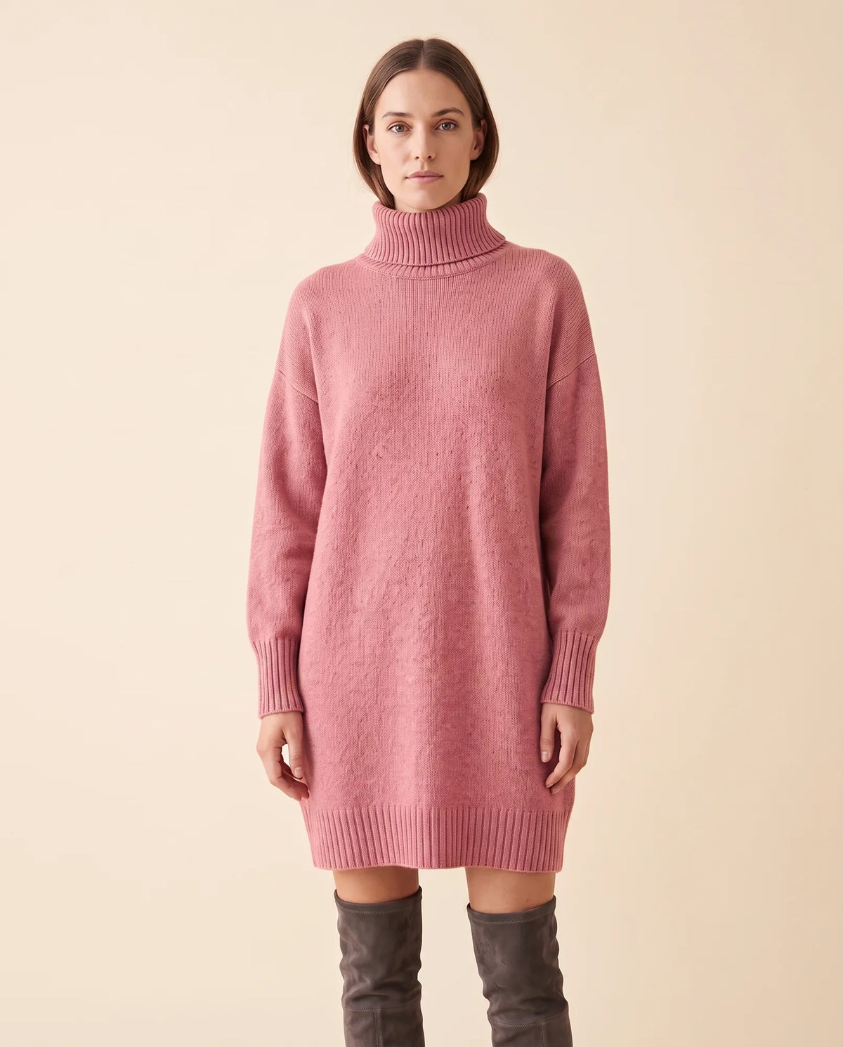 Tess Sweater Dress for Women - Turtleneck Long Sleeve Relaxed - Pink - front