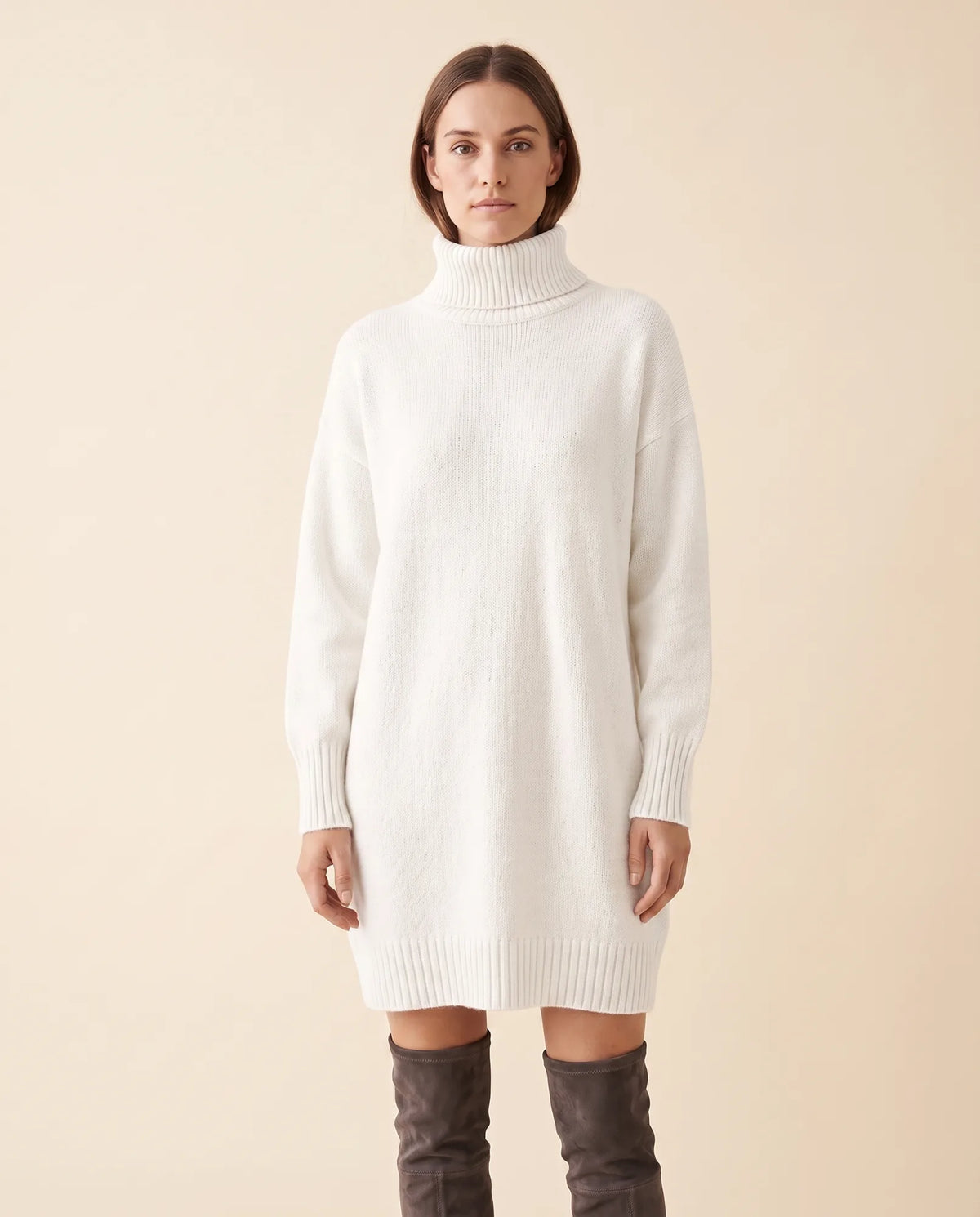 Tess Sweater Dress for Women - Turtleneck Long Sleeve Relaxed - White - front