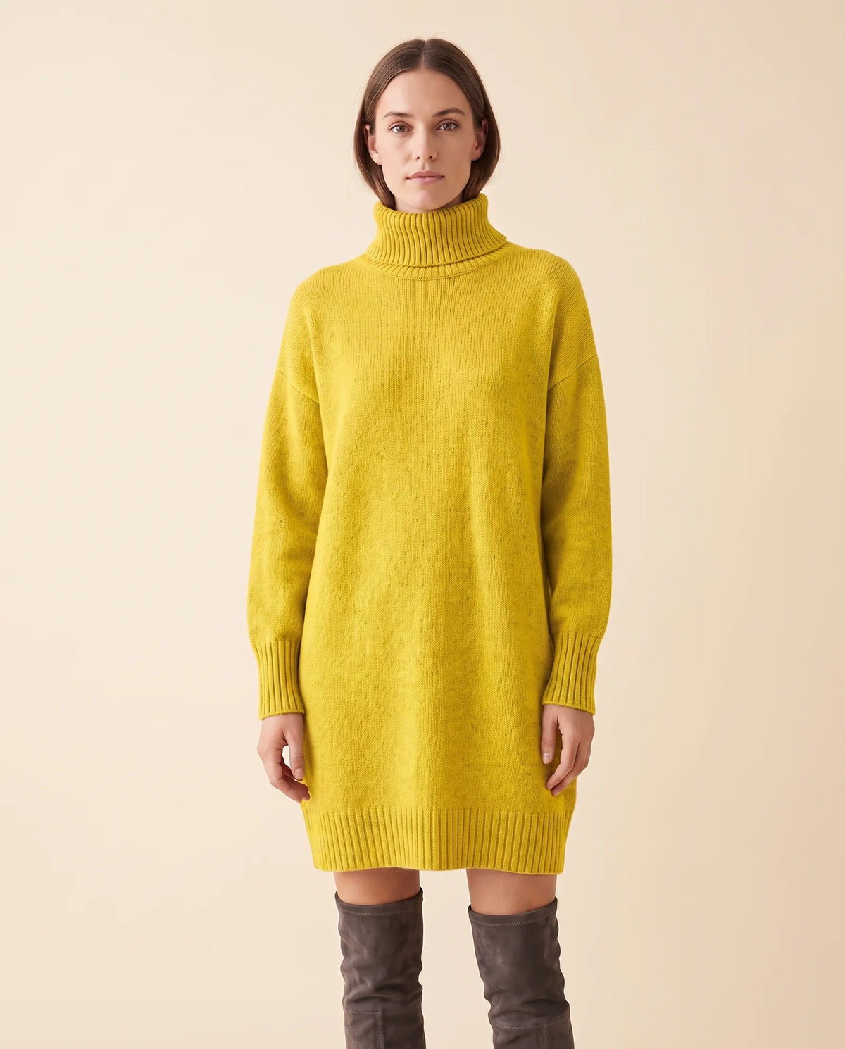 Tess Sweater Dress for Women - Turtleneck Long Sleeve Relaxed - Yellow - front