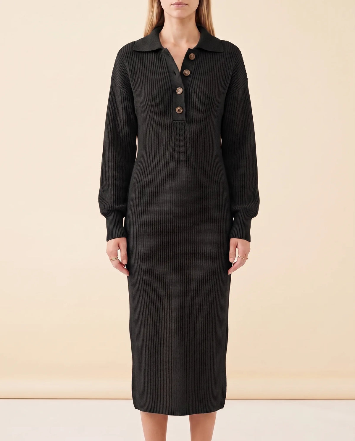 Una Knit Midi Dress for Women - Ribbed Collared Button Neck - Black - front