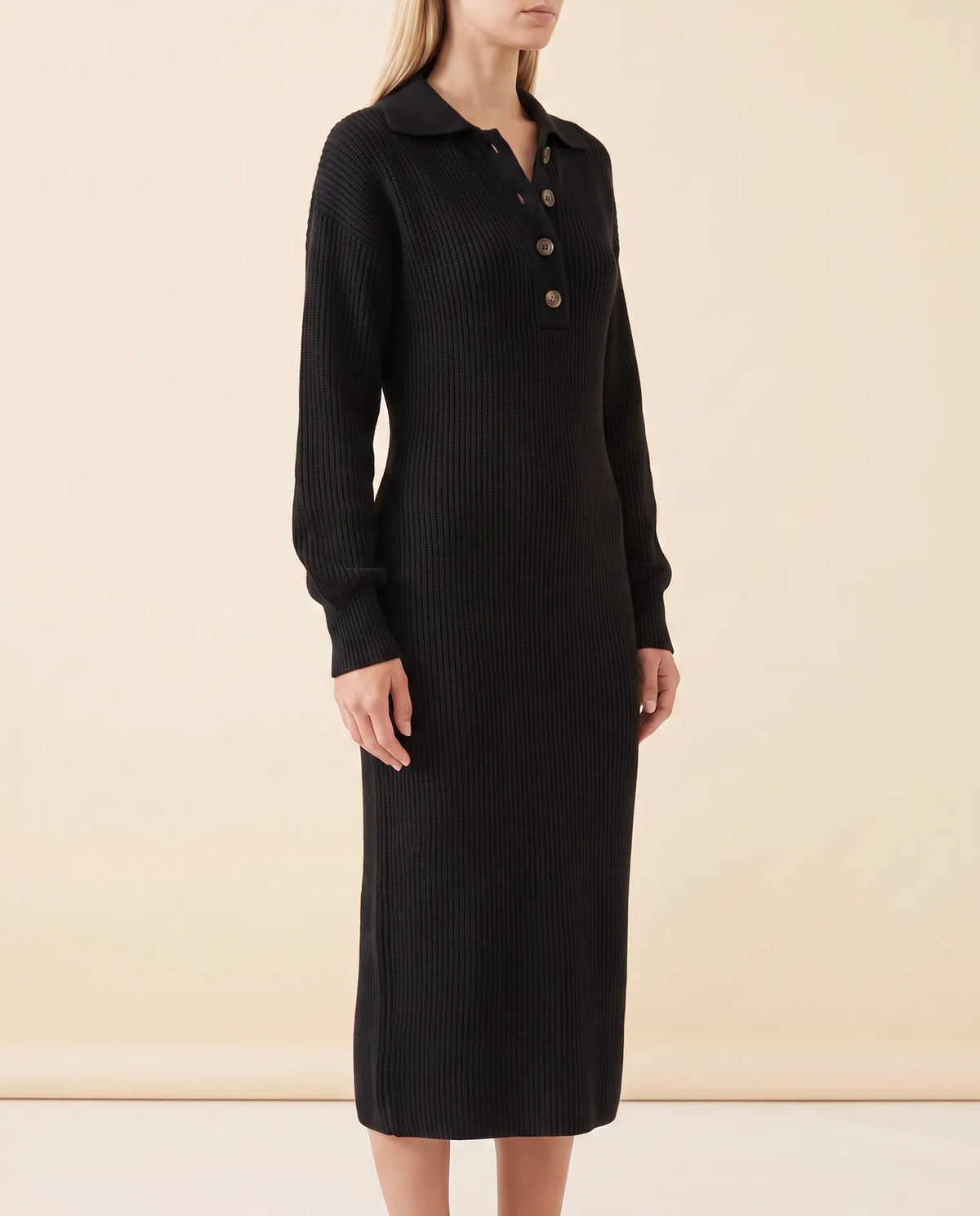 Una Knit Midi Dress for Women - Ribbed Collared Button Neck - Black - side