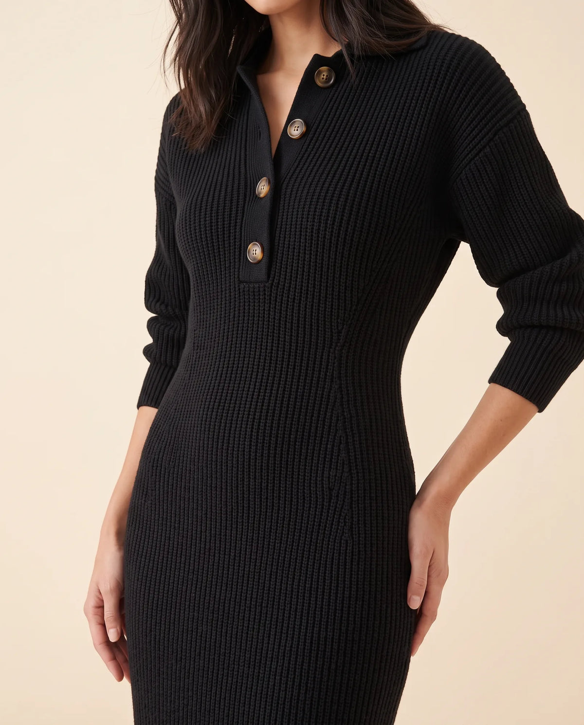 Una Knit Midi Dress for Women - Ribbed Collared Button Neck - Black - detail