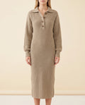 Una Knit Midi Dress for Women - Ribbed Collared Button Neck - Khaki - front