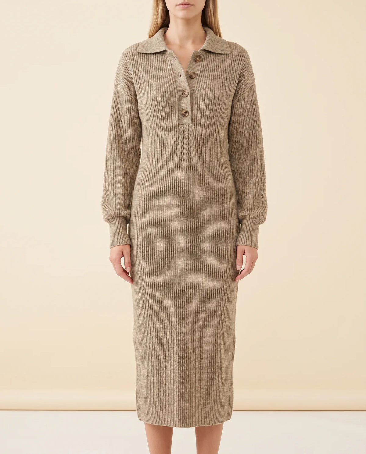 Una Knit Midi Dress for Women - Ribbed Collared Button Neck - Khaki - front