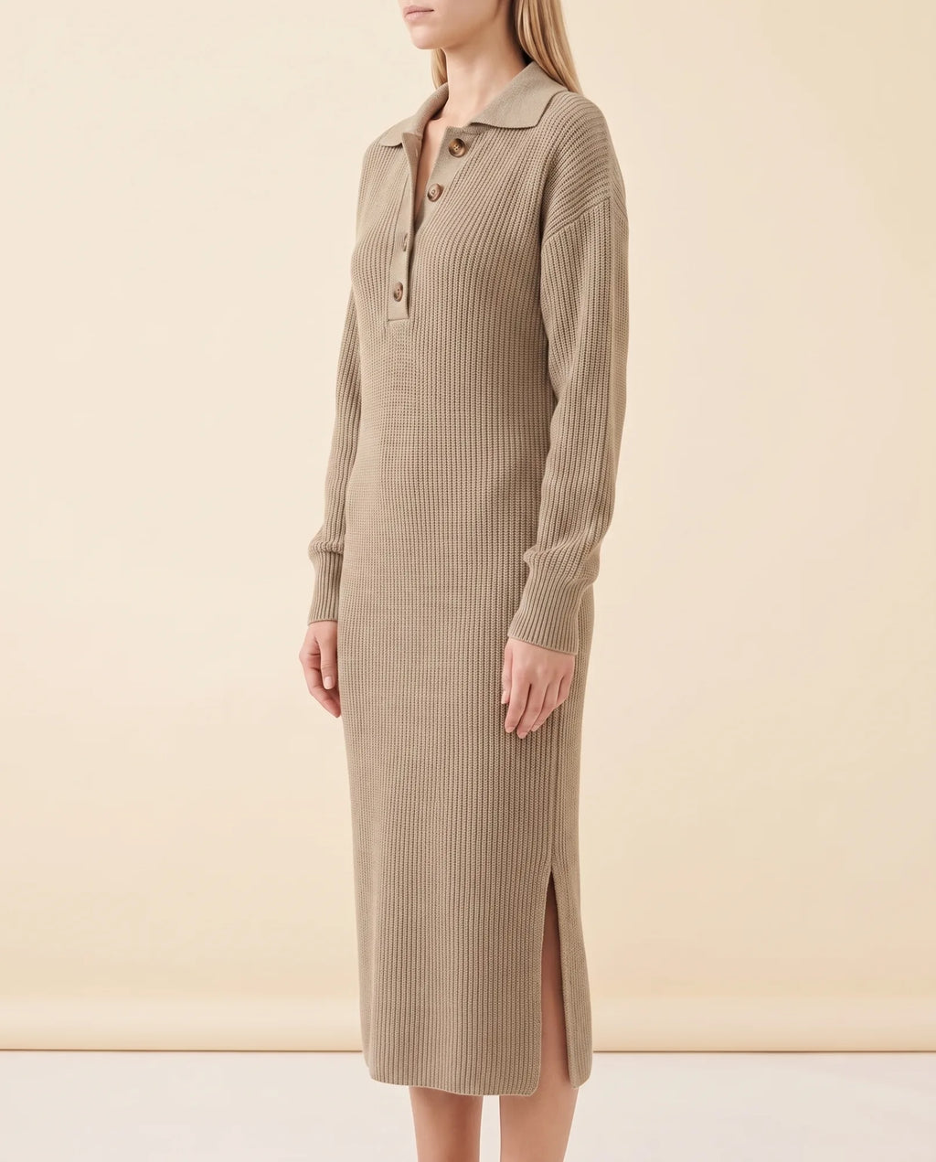 Una Knit Midi Dress for Women - Ribbed Collared Button Neck - Khaki - side