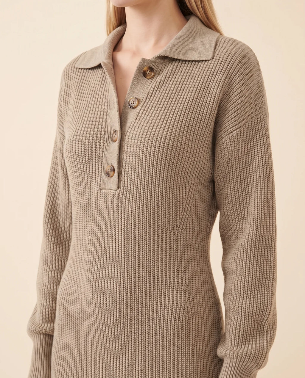 Una Knit Midi Dress for Women - Ribbed Collared Button Neck - Khaki - detail