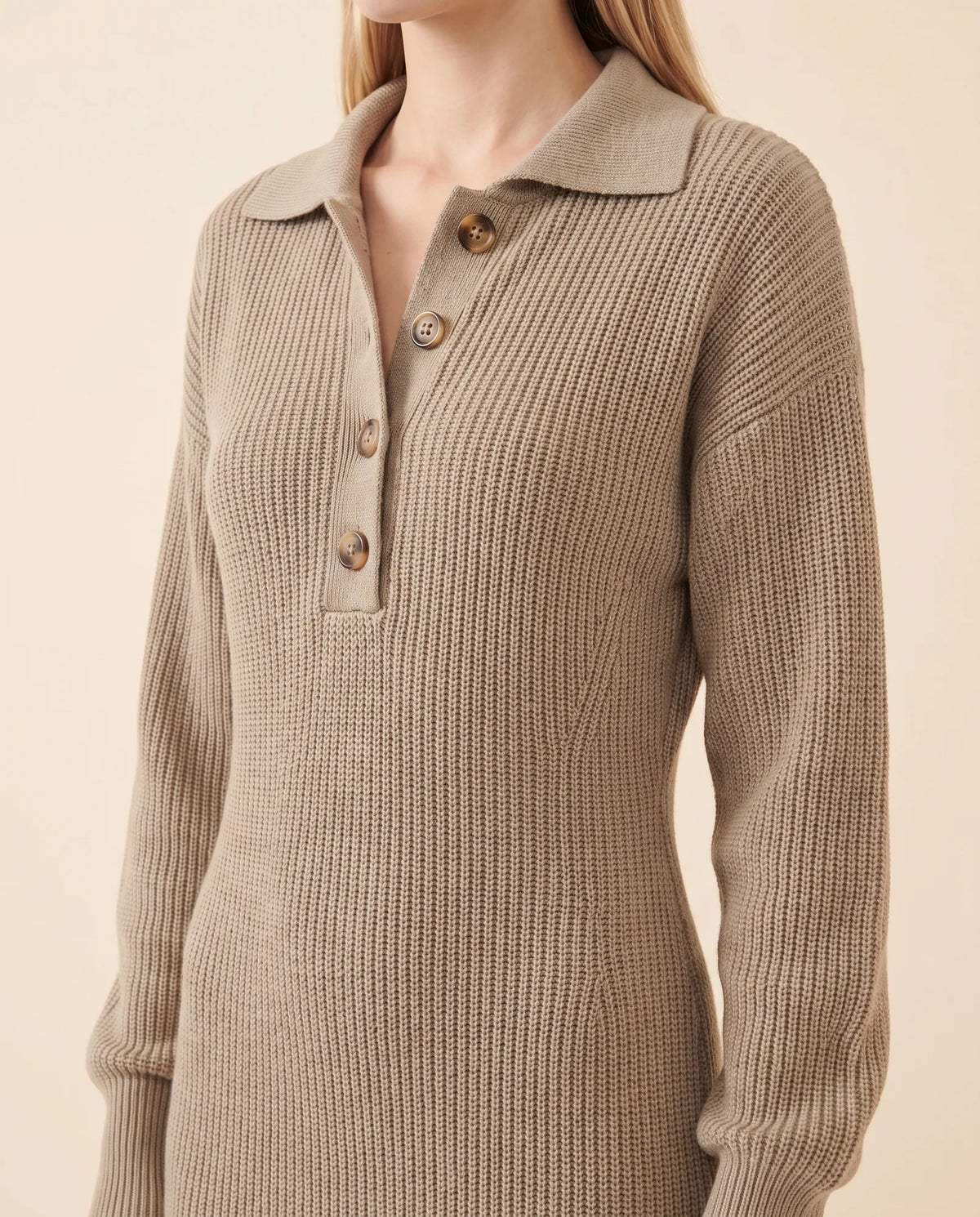 Una Knit Midi Dress for Women - Ribbed Collared Button Neck - Khaki - detail