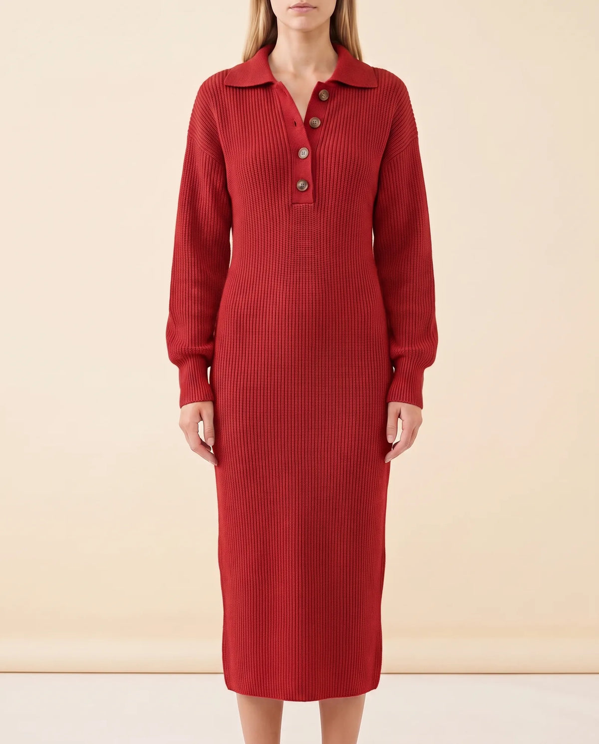 Una Knit Midi Dress for Women - Ribbed Collared Button Neck - Red - front