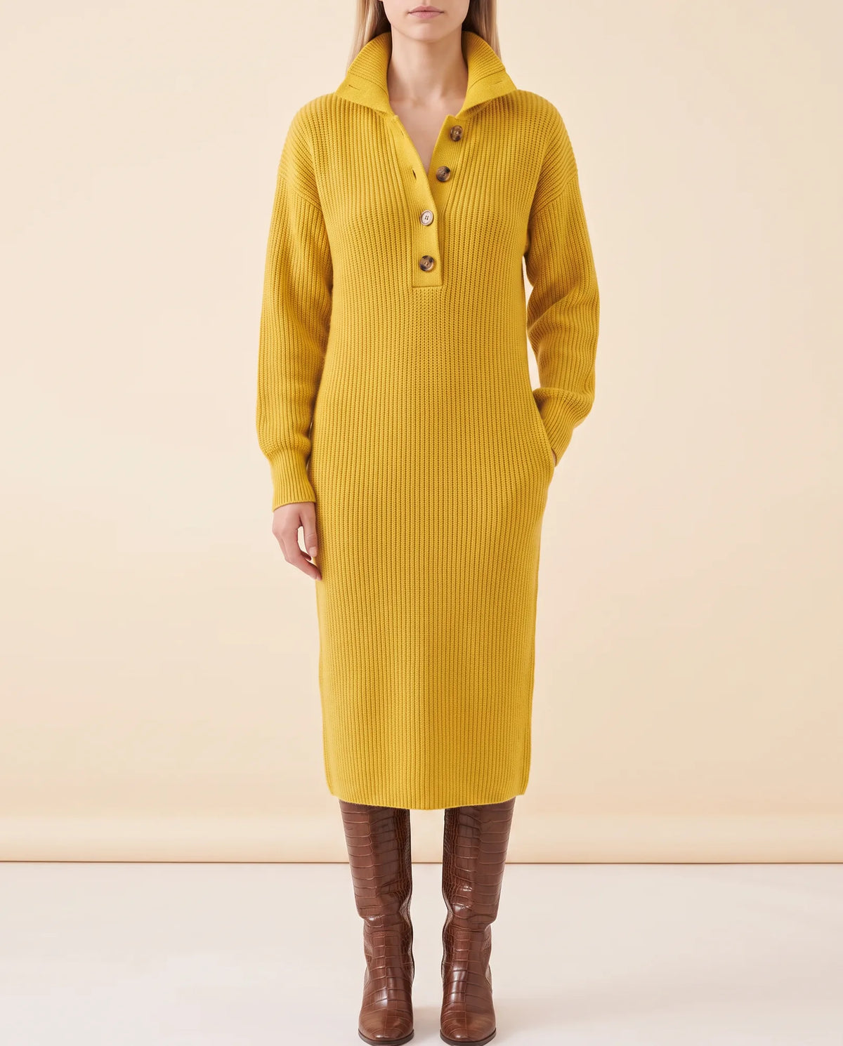 Una Knit Midi Dress for Women - Ribbed Collared Button Neck - Yellow - front