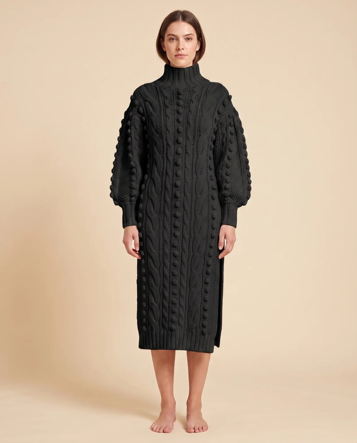 Viola Sweater Dress for Women - Cable Knit Turtleneck Midi - Black - front