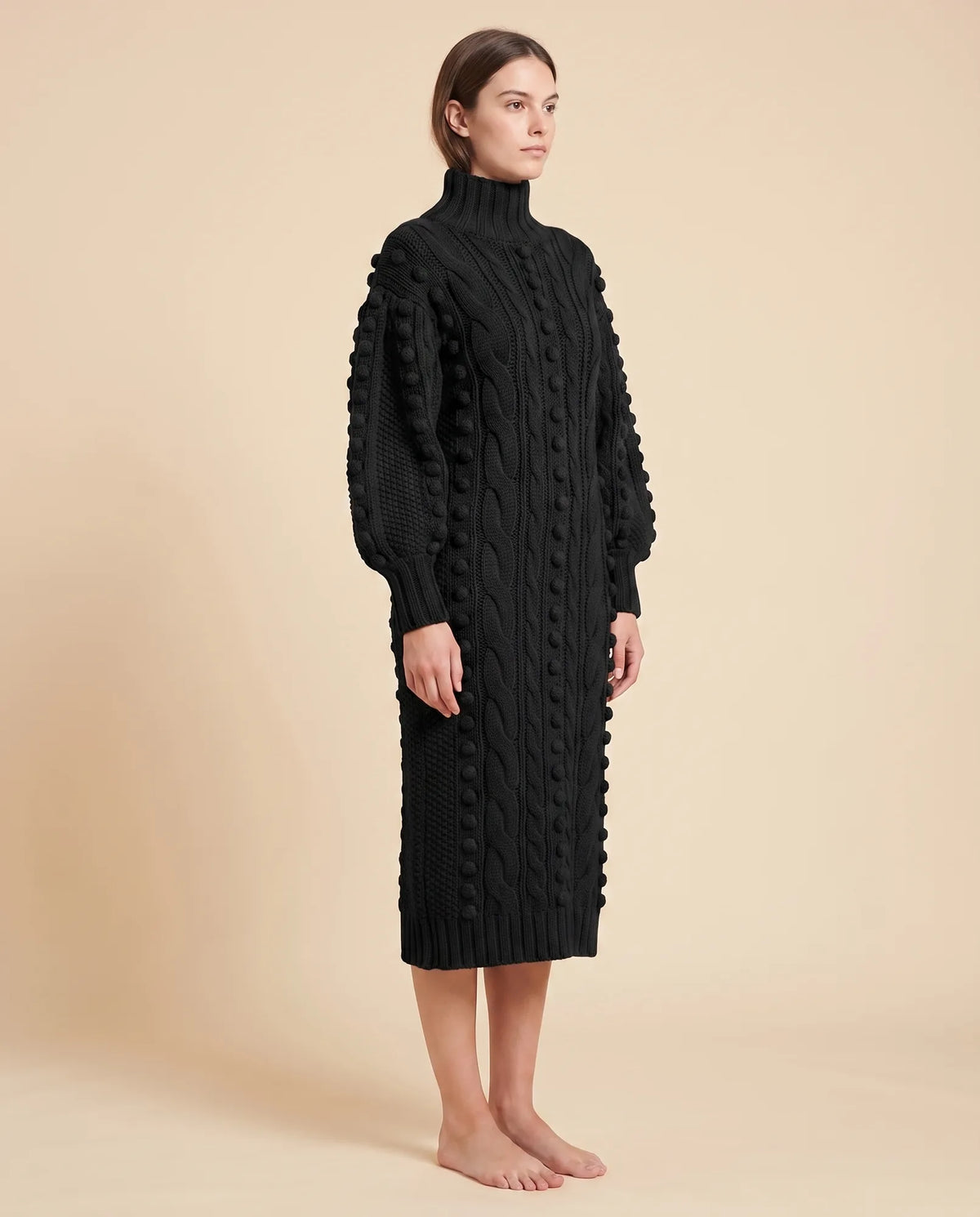 Viola Sweater Dress for Women - Cable Knit Turtleneck Midi - Black - side