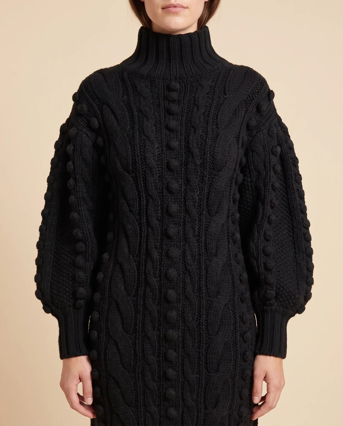 Viola Sweater Dress for Women - Cable Knit Turtleneck Midi - Black - detail