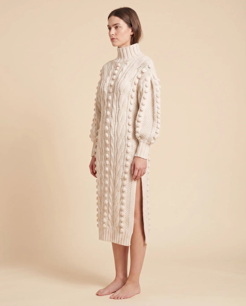 Viola Sweater Dress for Women - Cable Knit Turtleneck Midi - Cream - side