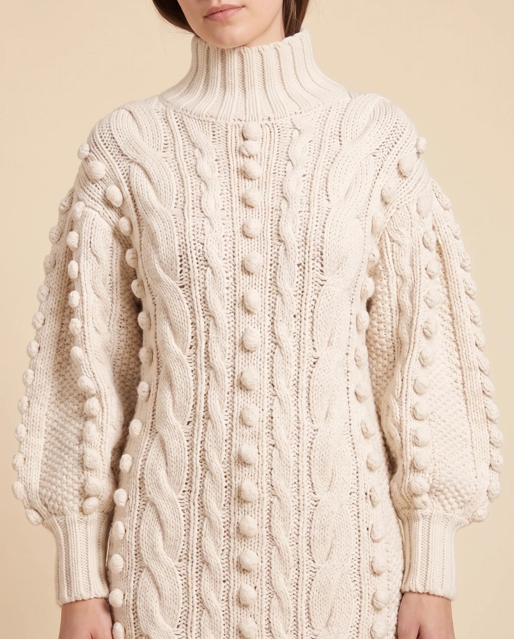 Viola Sweater Dress for Women - Cable Knit Turtleneck Midi - Cream - detail