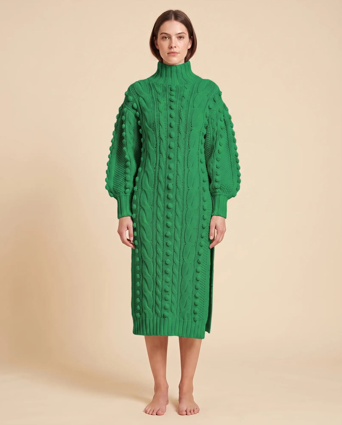 Viola Sweater Dress for Women - Cable Knit Turtleneck Midi - Green - front
