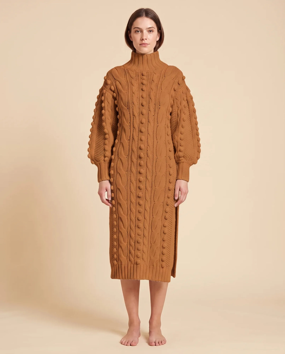 Viola Sweater Dress for Women - Cable Knit Turtleneck Midi - Light Brown - front