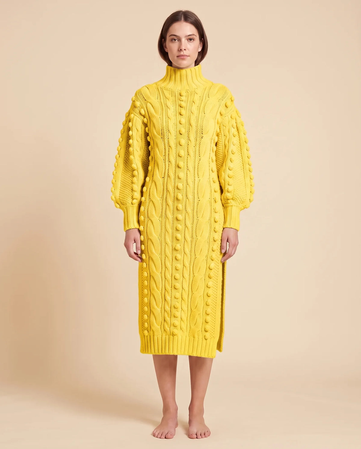Viola Sweater Dress for Women - Cable Knit Turtleneck Midi - Yellow - front