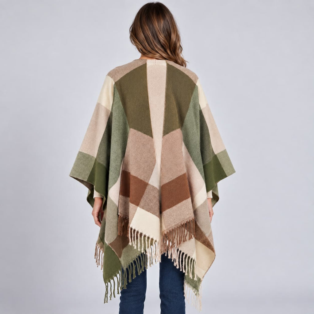 Elin Colour-Block Poncho for Women - Soft Fringed Finish
