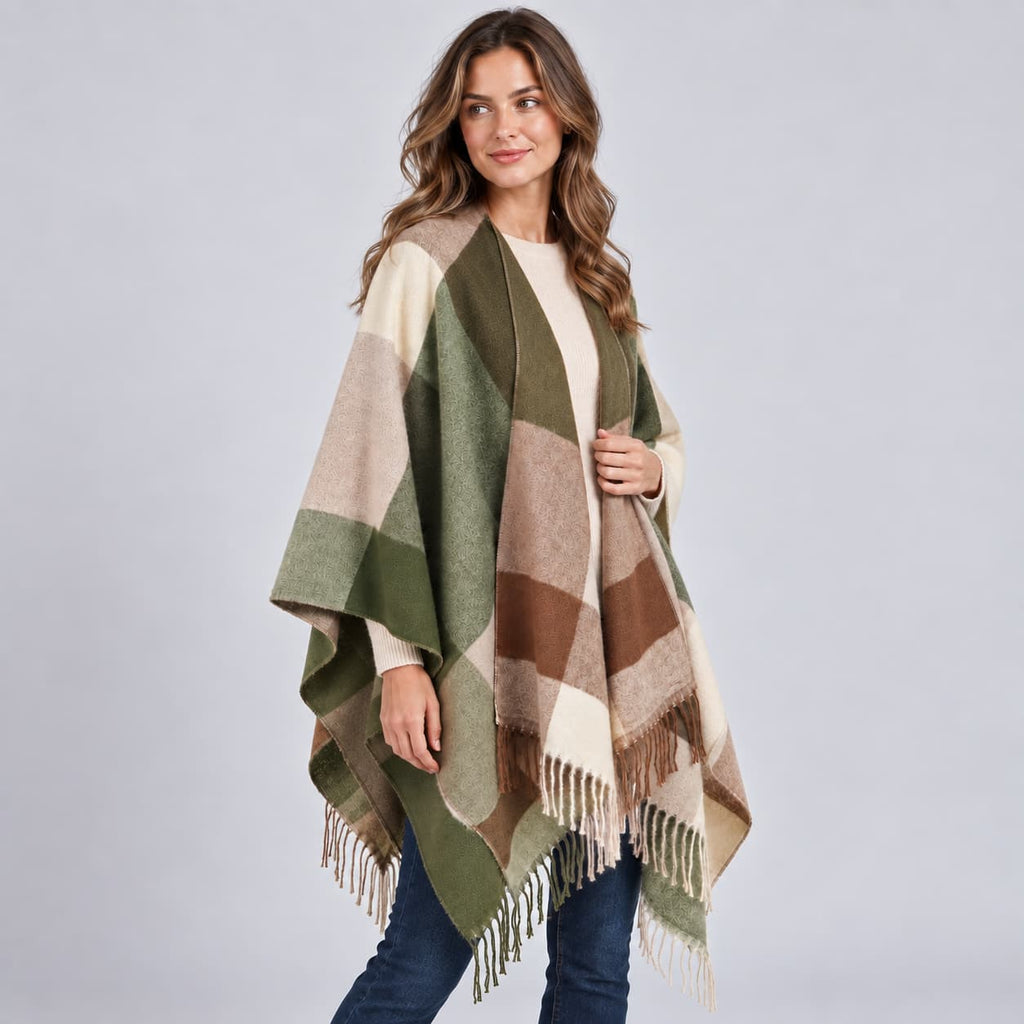Elin Colour-Block Poncho for Women - Soft Fringed Finish