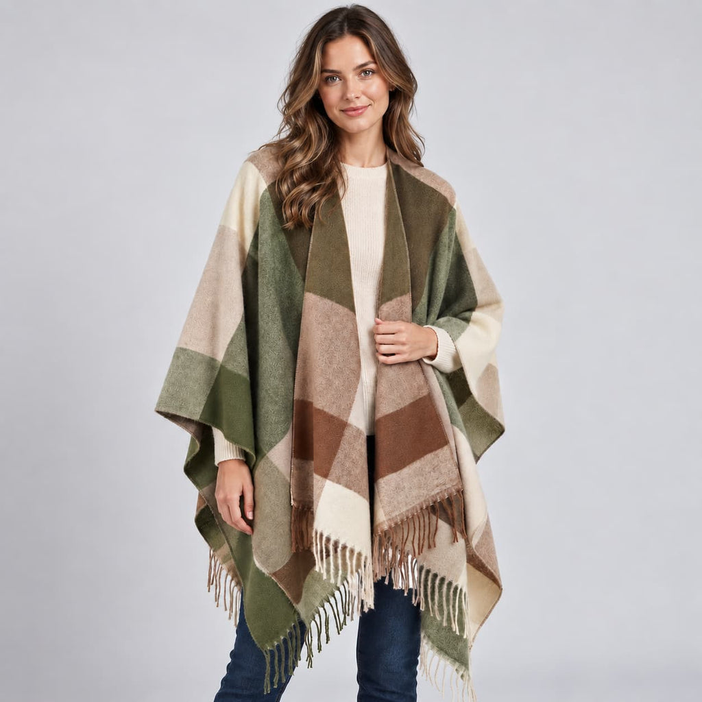 Elin Colour-Block Poncho for Women - Soft Fringed Finish