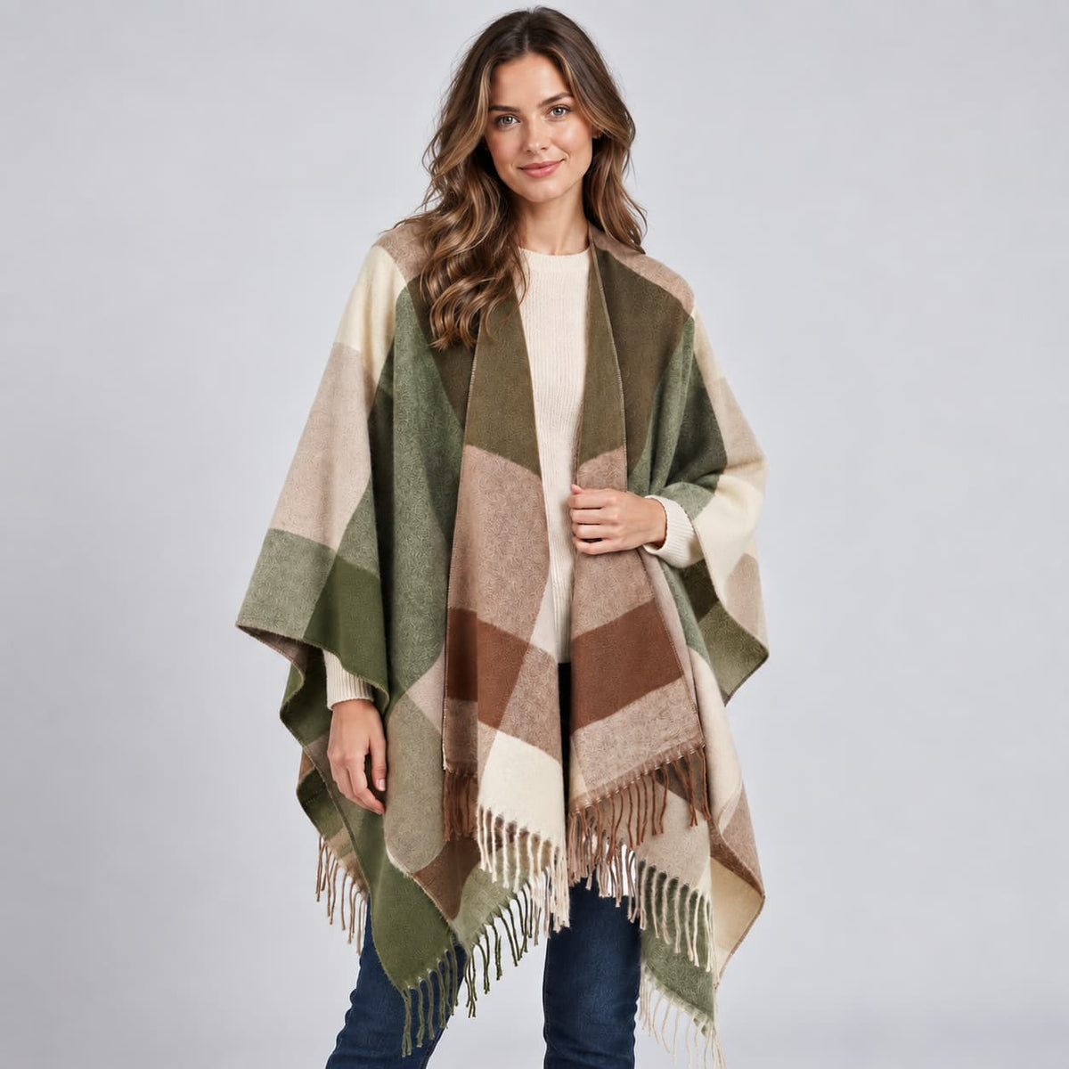 Elin Colour-Block Poncho for Women - Soft Fringed Finish