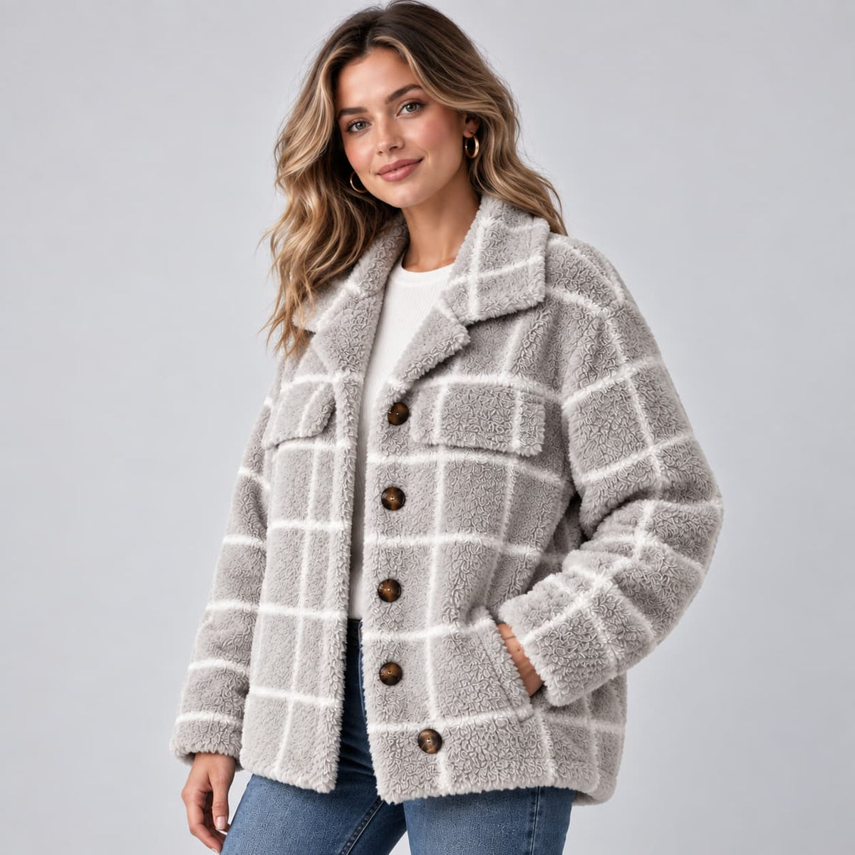Lotte Check Shacket for Women - Hooded Button Front