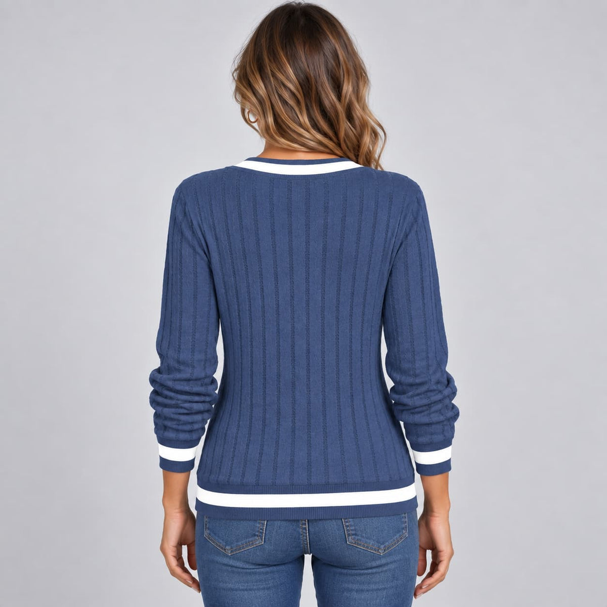 Noor Contrast V-Neck Sweater for Women - Ribbed Trim